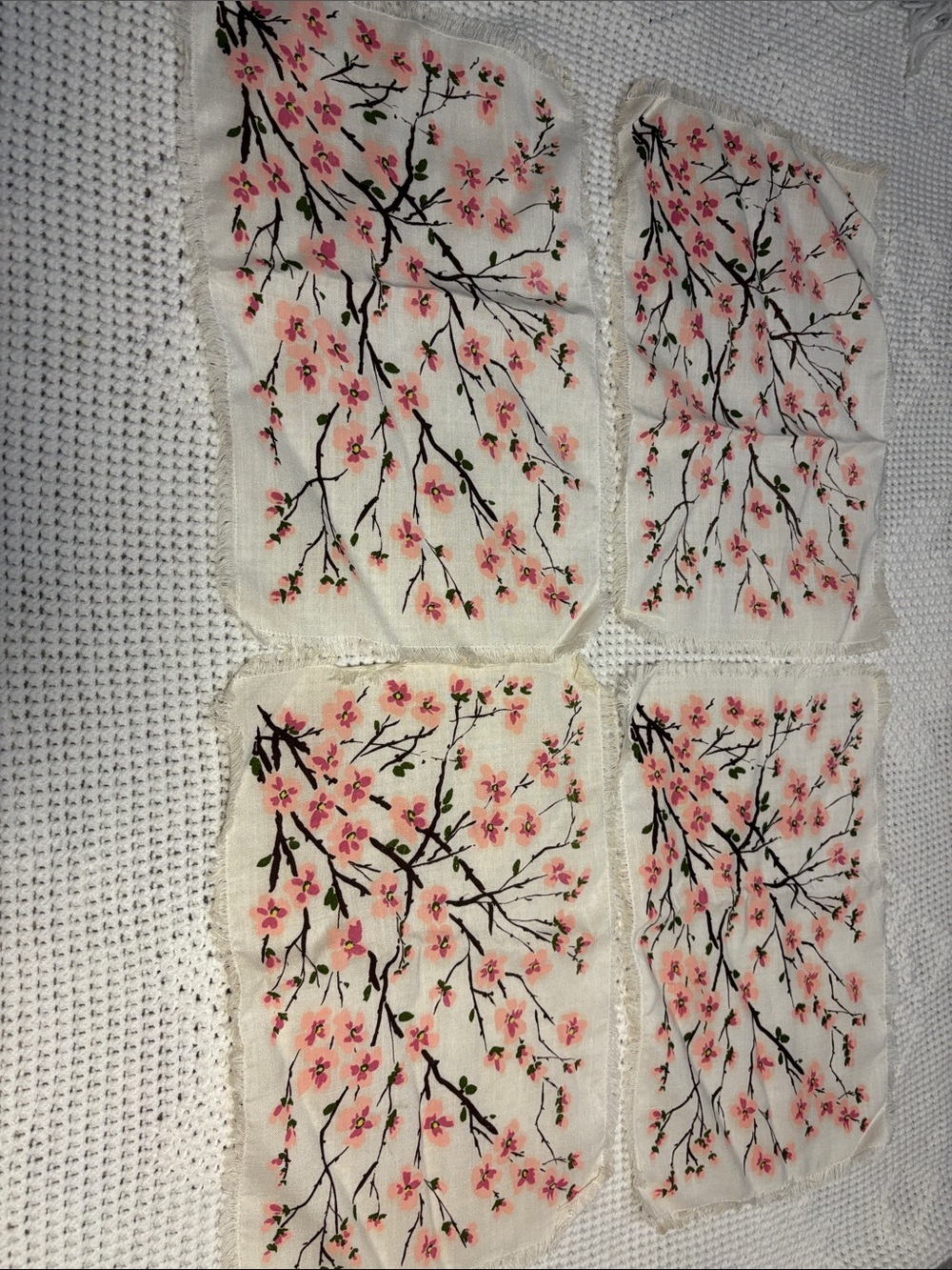 Vintage Hand Painted Cherry Blossom Placemats, Fringed Edged Linens, Set of 4 - Picture 2 of 6